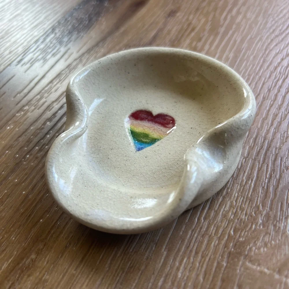 Joyful Clay Handmade Pottery Teaspoon Coffee Spoon Rest Rainbow Heart 🌈💜